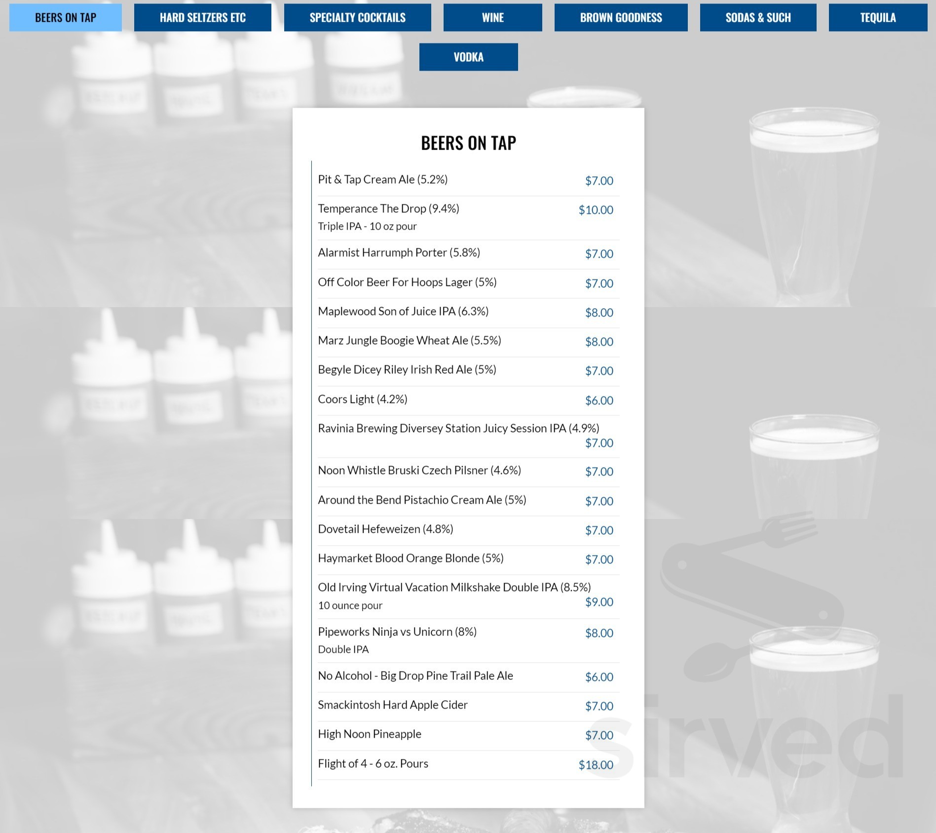 Pit & Tap menu in Wilmette, Illinois, USA