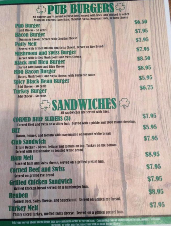 Egan's Pub menu in Belleville, Michigan