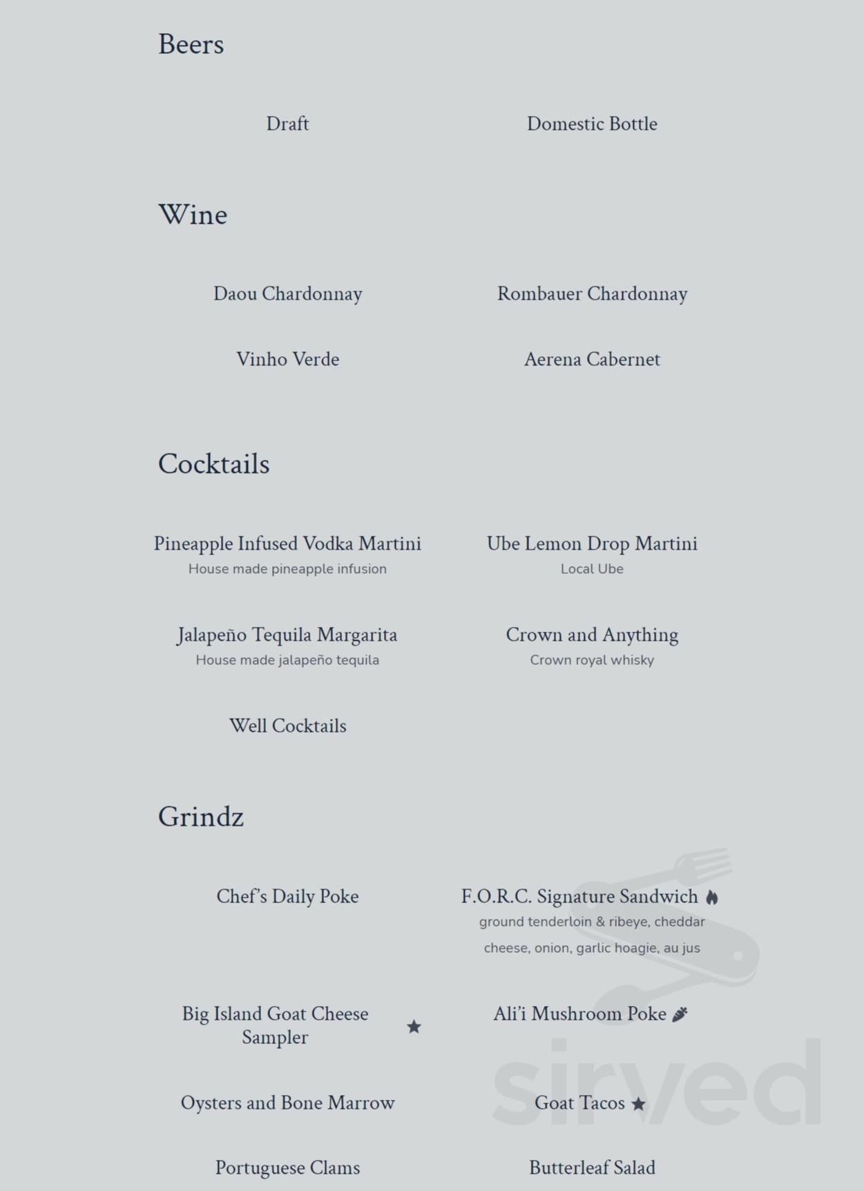 FORC Restaurant menu in Waimea, Hawaii, USA