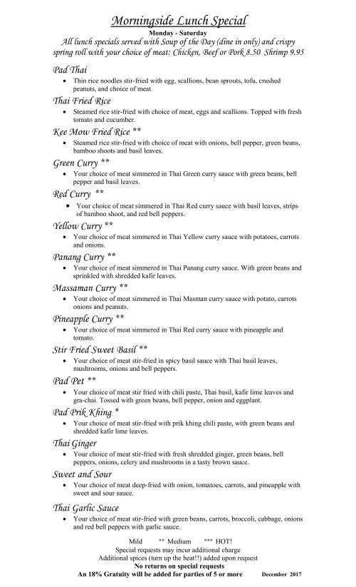 Morningside Thai Restaurant menu in Houston, Texas, USA