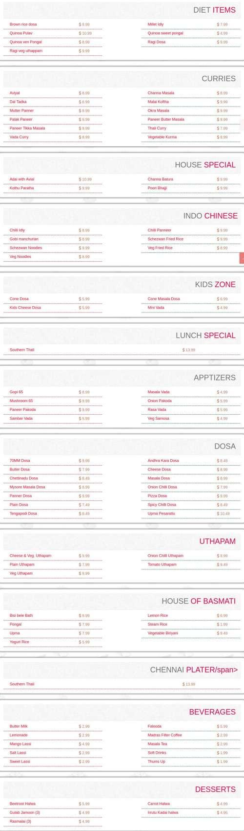 Chennai Tiffins Indian Restaurant & Catering Services menu in San