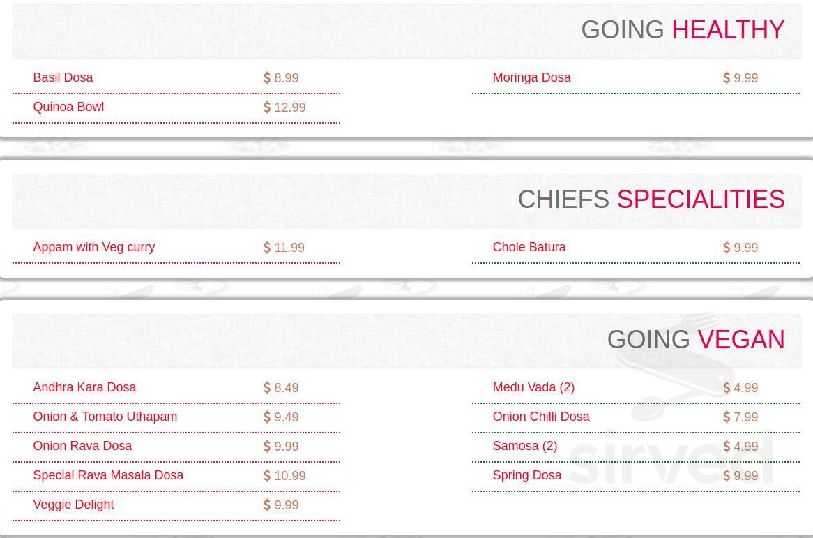 Chennai Tiffins Indian Restaurant & Catering Services menu in San