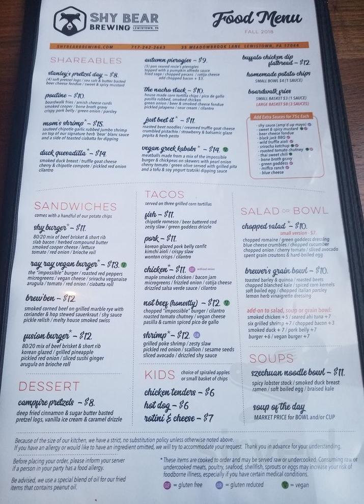 Shy Bear Brewing menu in Lewistown, Pennsylvania, USA