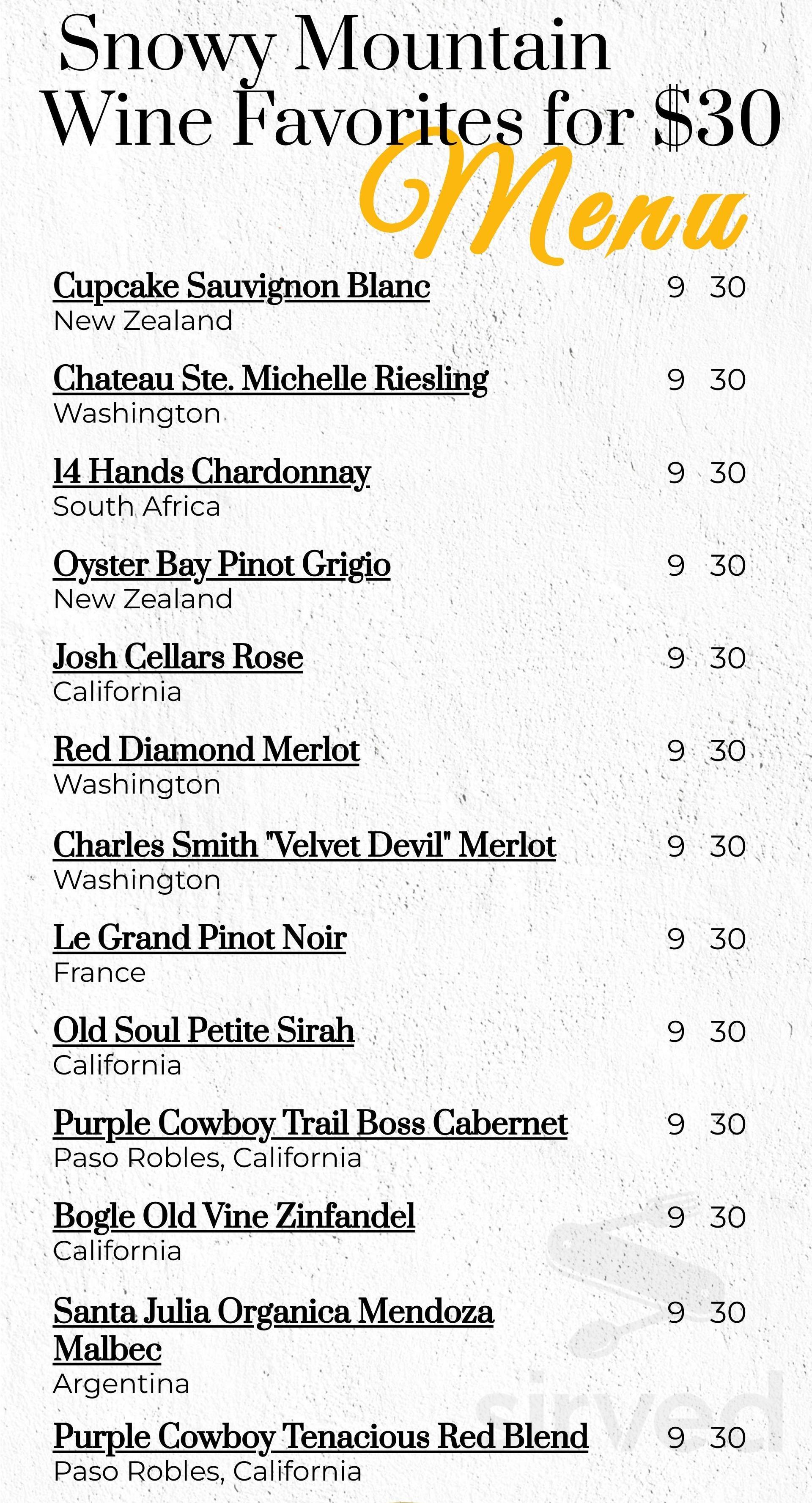 Saratoga Hot Springs Resort menu in Saratoga, Wyoming, USA