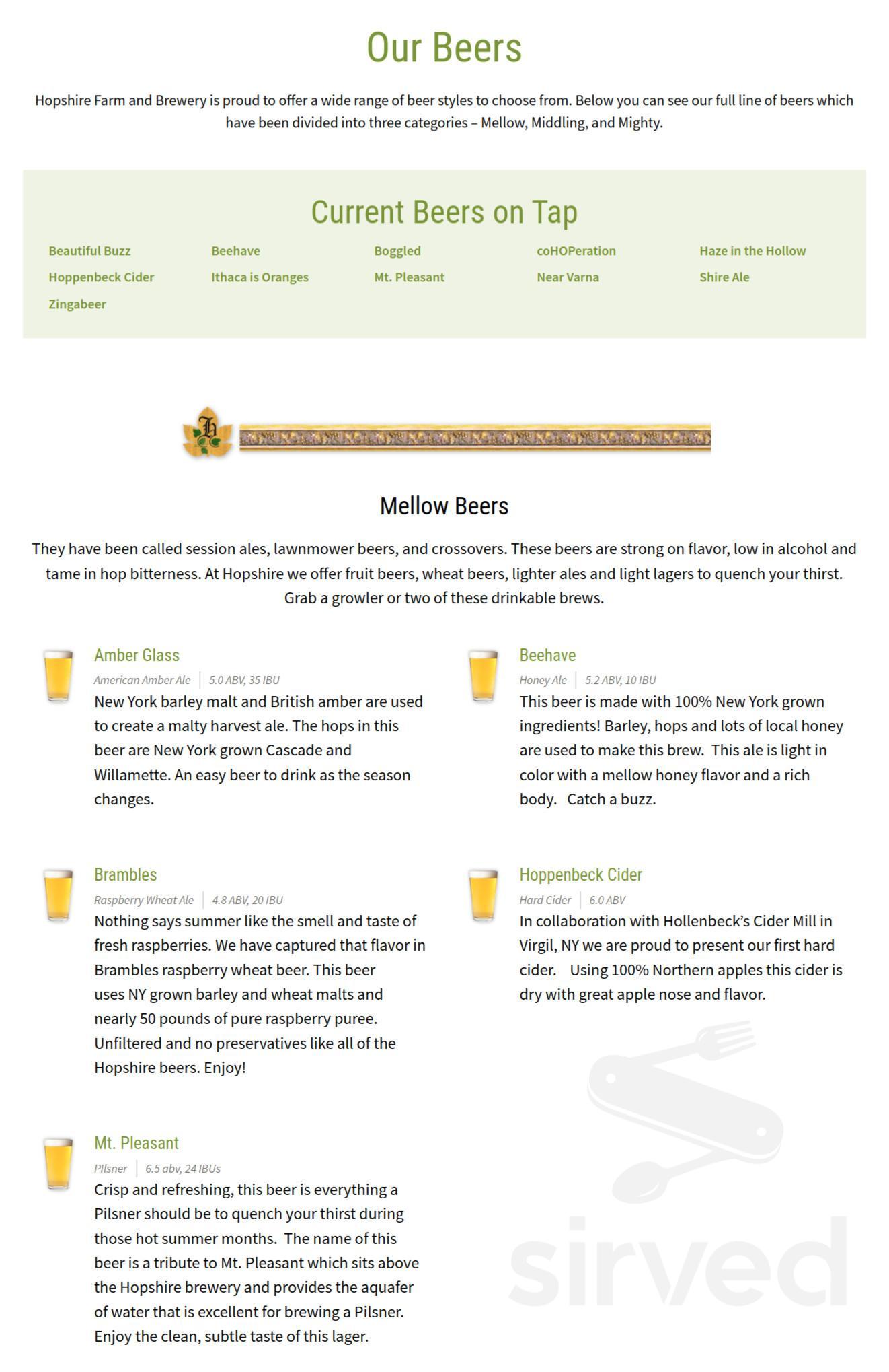 Hopshire Farm and Brewery menu in Freeville, New York, USA