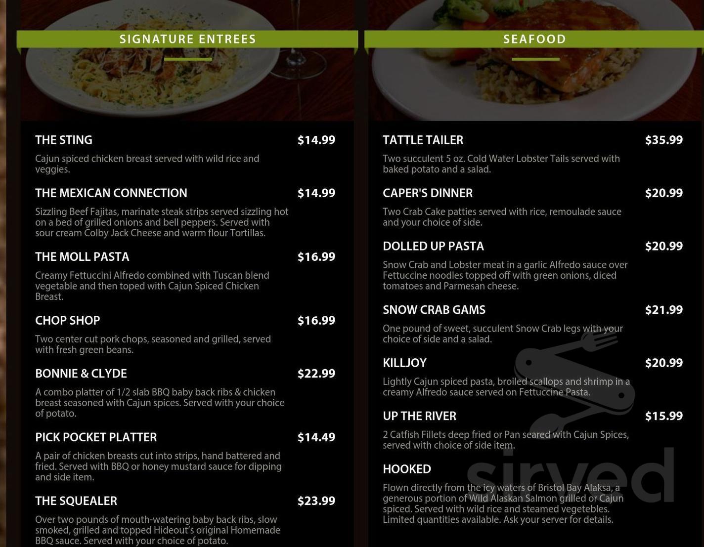 20's Hideout Steakhouse menu in Marion, Illinois, USA