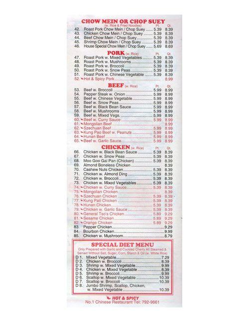 No. 1 Chinese Restaurant menu in Wayland, Michigan, USA