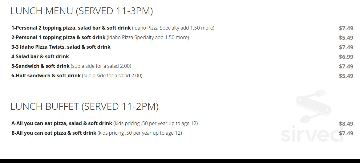 Idaho Pizza Company menu in Eagle, Idaho, USA