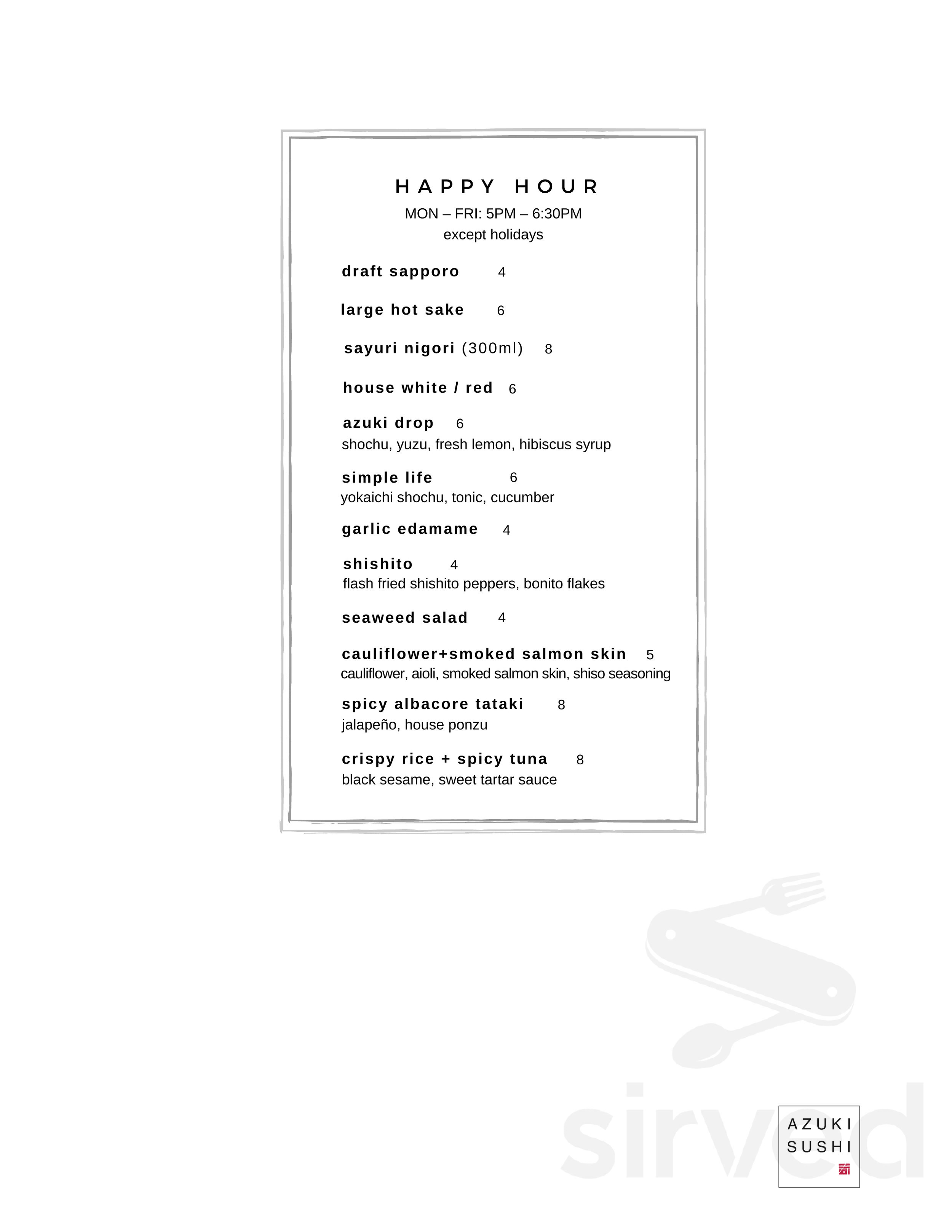 Azuki Sushi Lounge menu in San Diego, California, USA