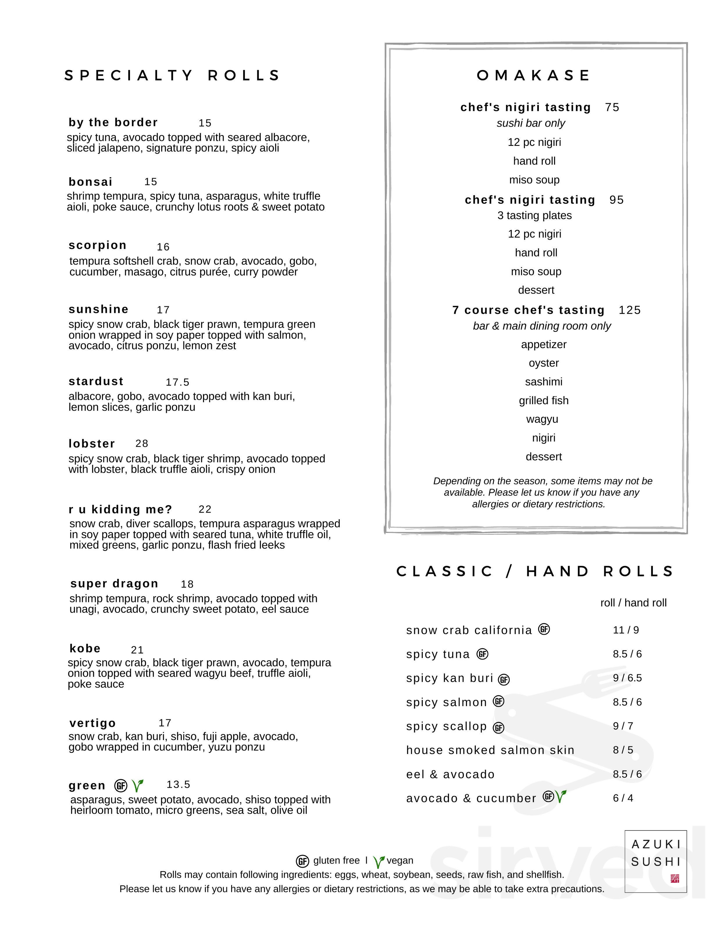 Azuki Sushi Lounge menu in San Diego, California, USA