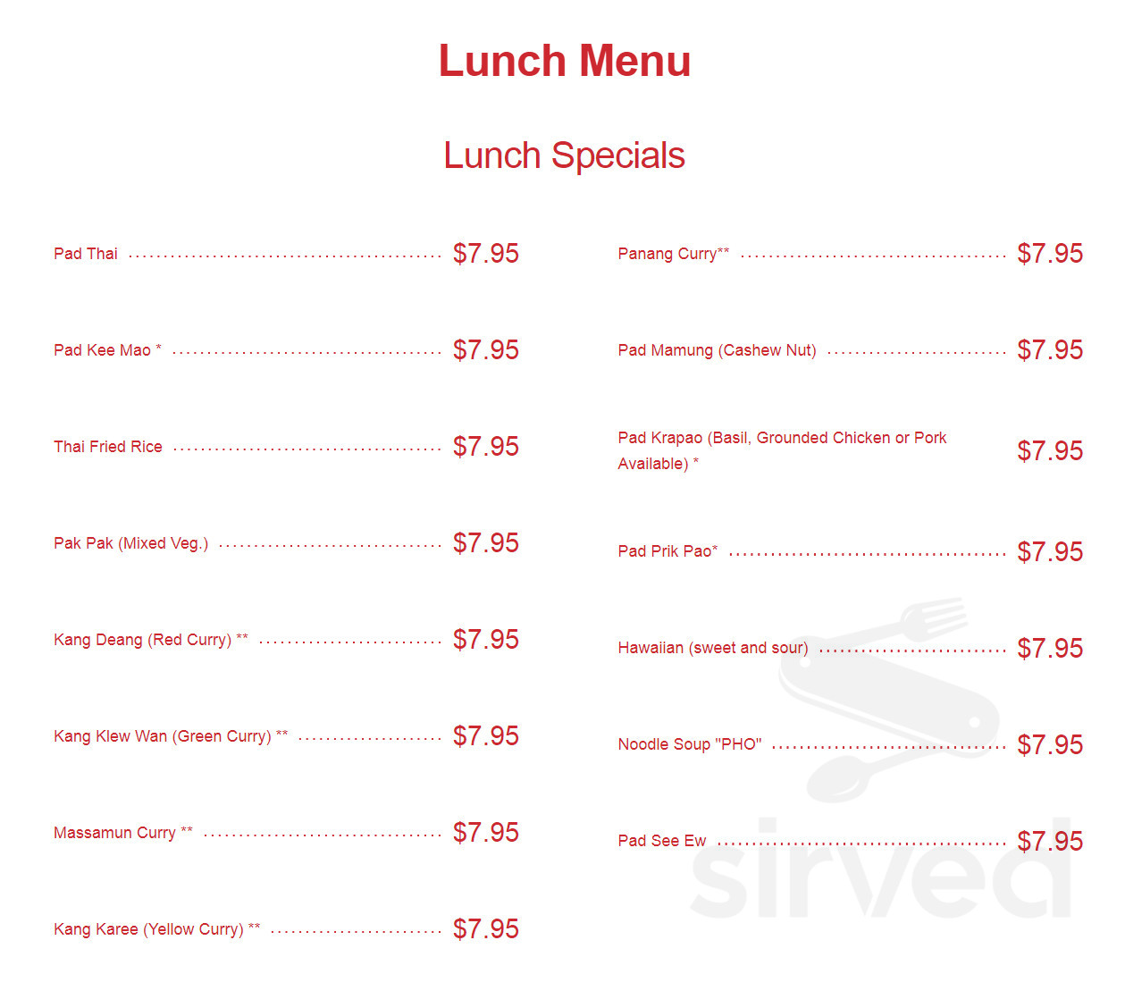 Kin Thai High Point Kin Thai Zabb Rice & Noodle menu in High Point, North Carolina, USA