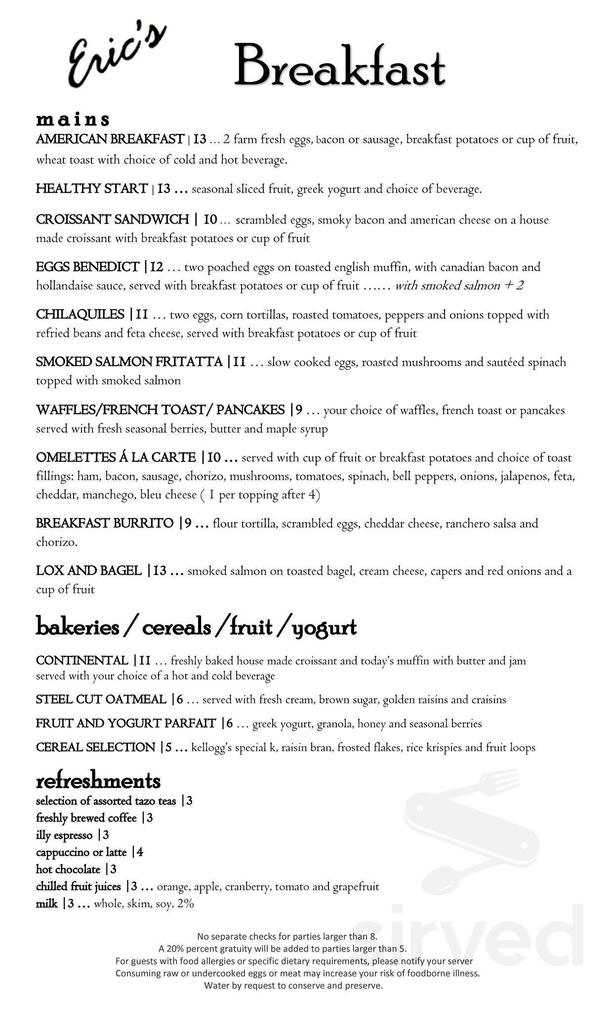 Menu - Houston TX's Eric's Restaurant | Sirved