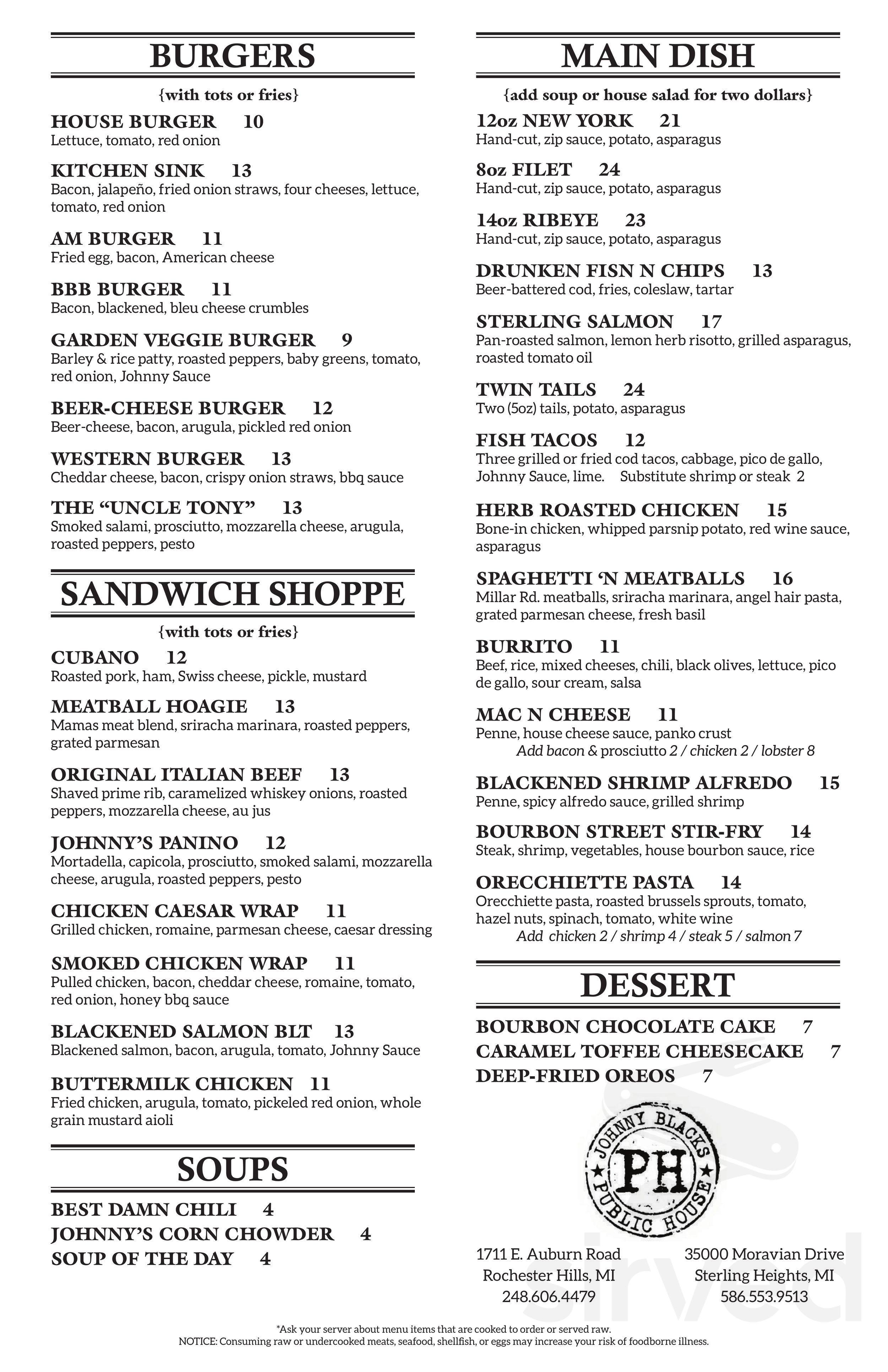 Johnny Blacks Public House menus in Sterling Heights, Michigan, United