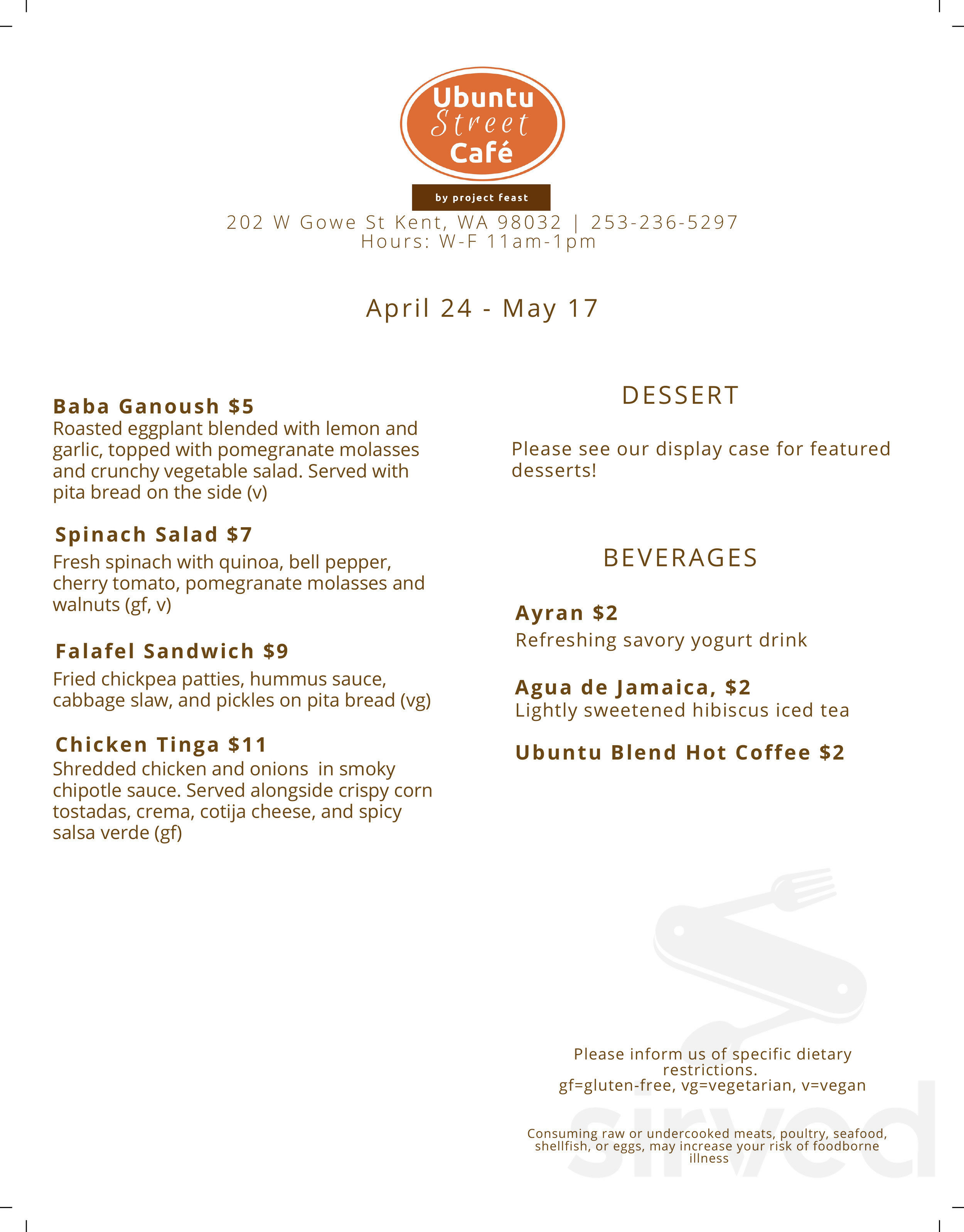 Ubuntu Street Cafe & Catering by Project Feast menu in Kent, Washington