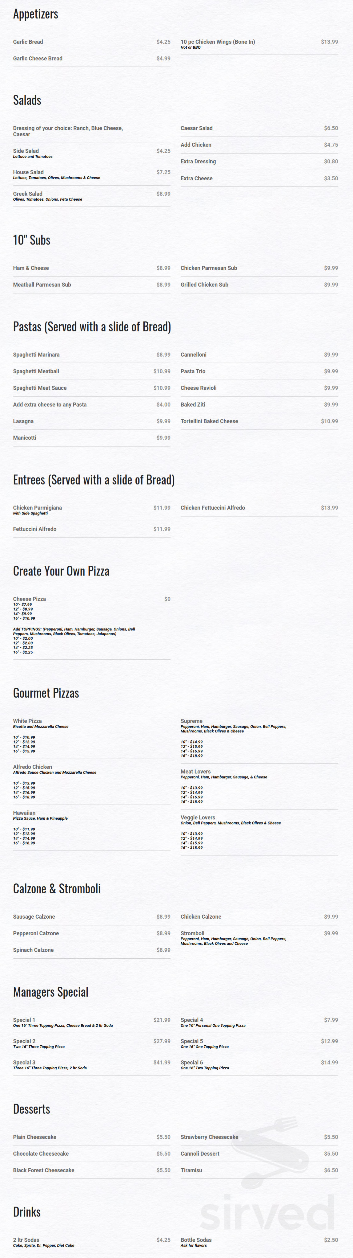 Pizza Cafe Denison menu in Denison, Texas, USA