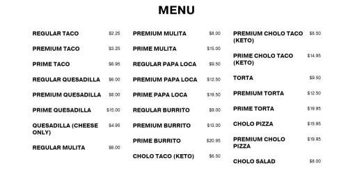 Tacos Los Cholos menu in Anaheim, California, USA