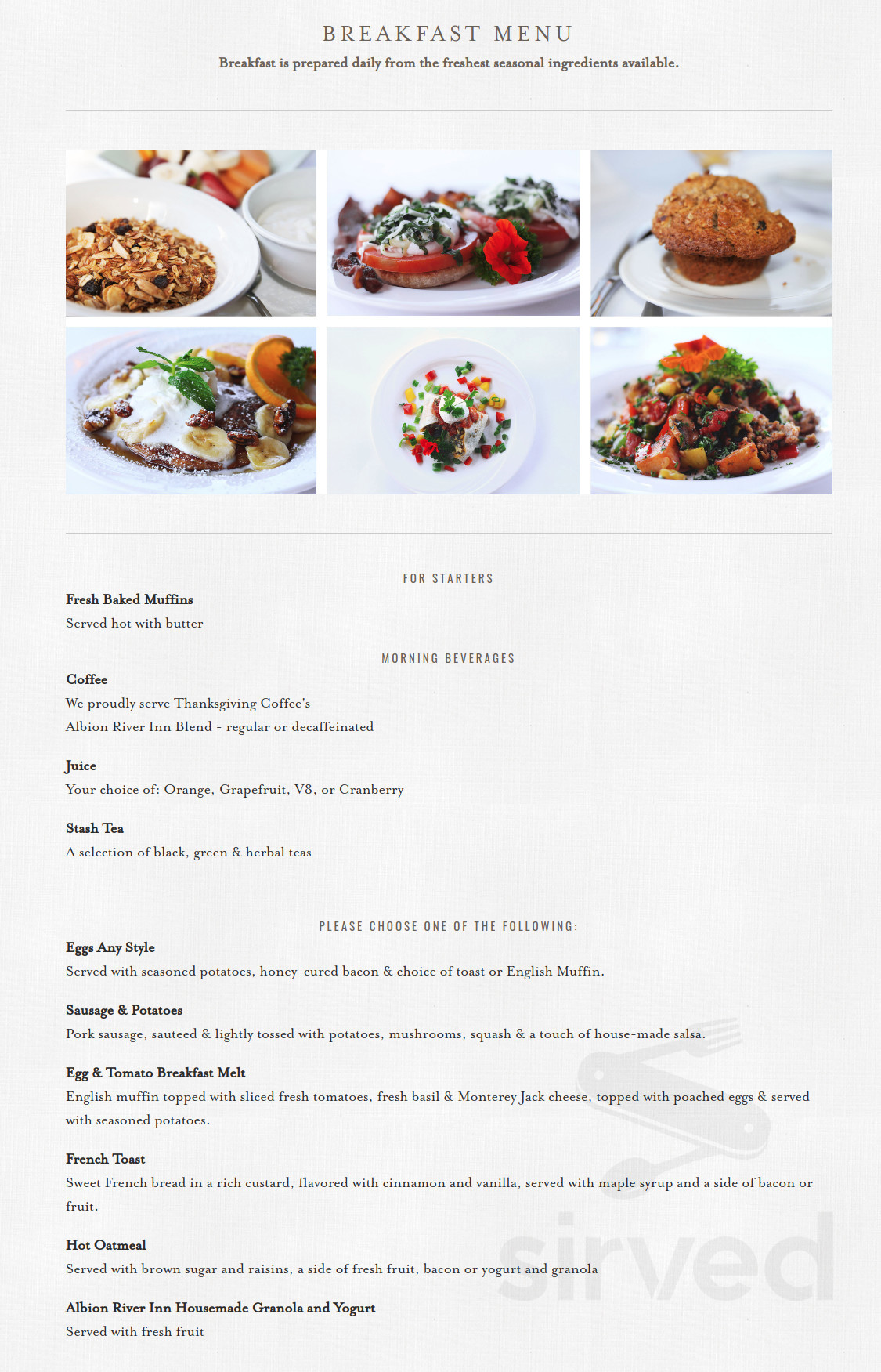 Albion River Inn menu in Albion, California, USA