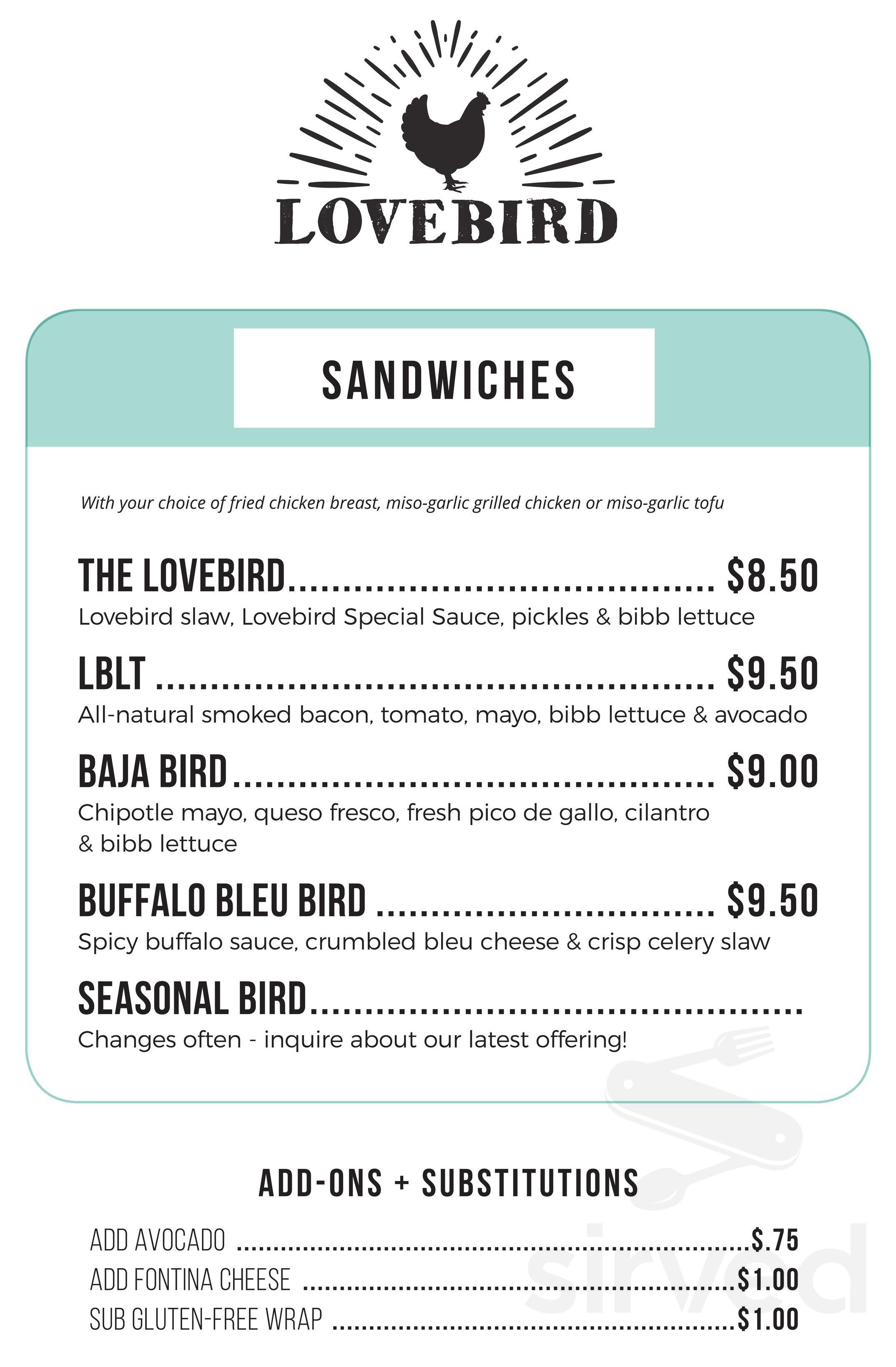 Lovebird menu in Bryn Mawr, Pennsylvania