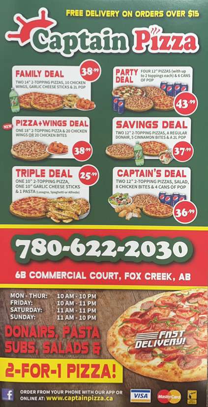 Captain Pizza menu in Fox Creek, Alberta, Canada