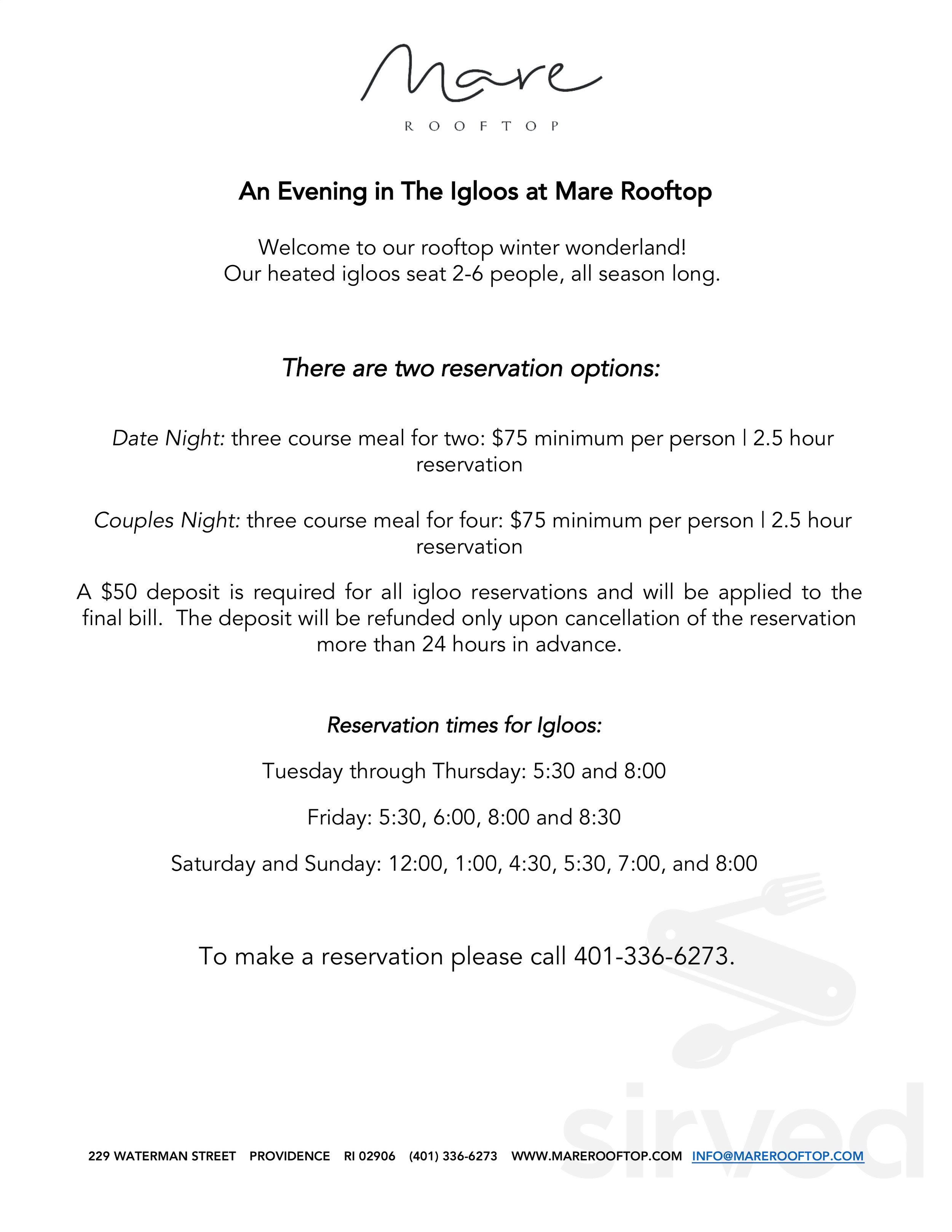 Menu - Providence RI's Mare Rooftop | Sirved