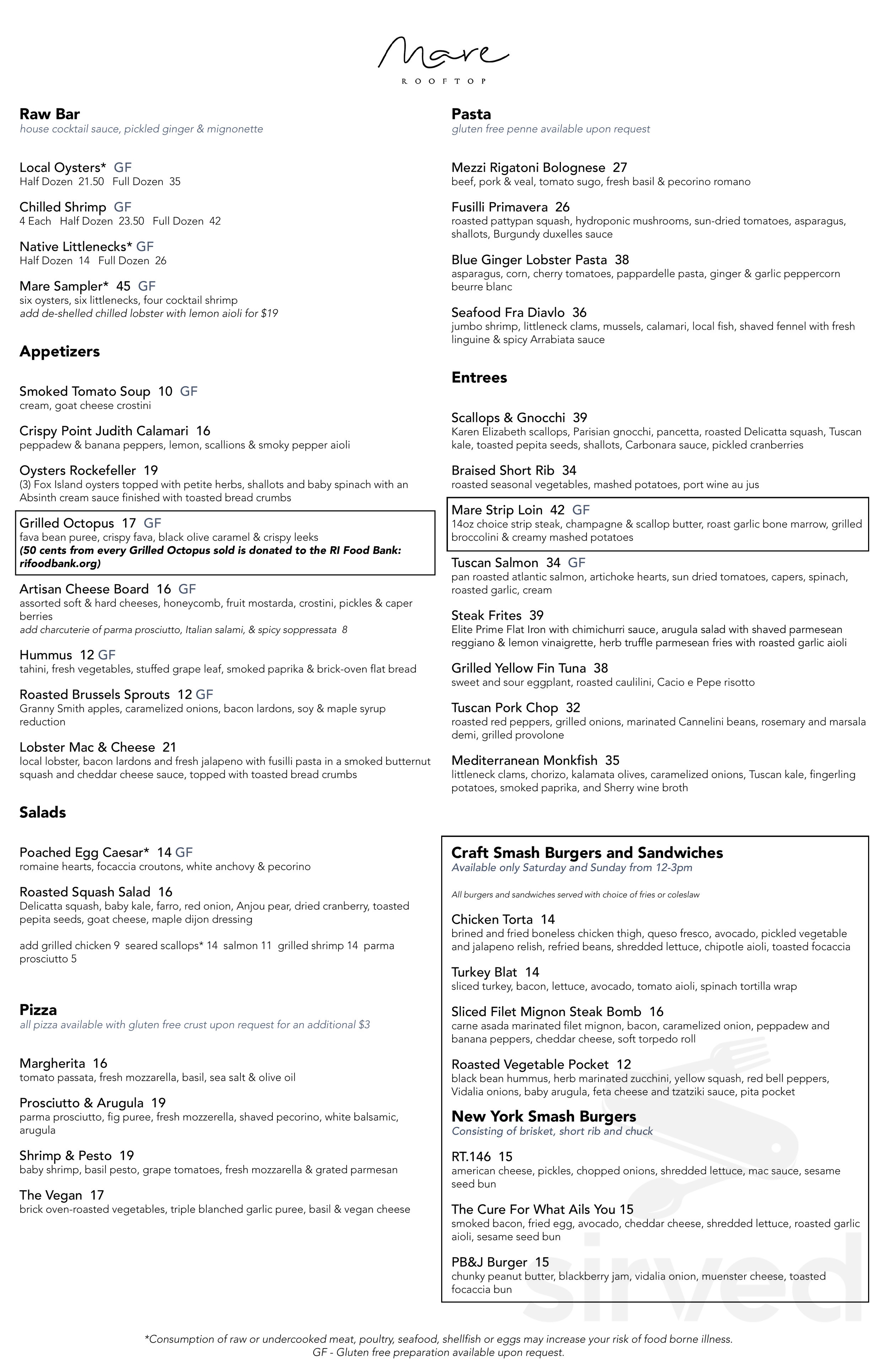 Menu - Providence RI's Mare Rooftop | Sirved