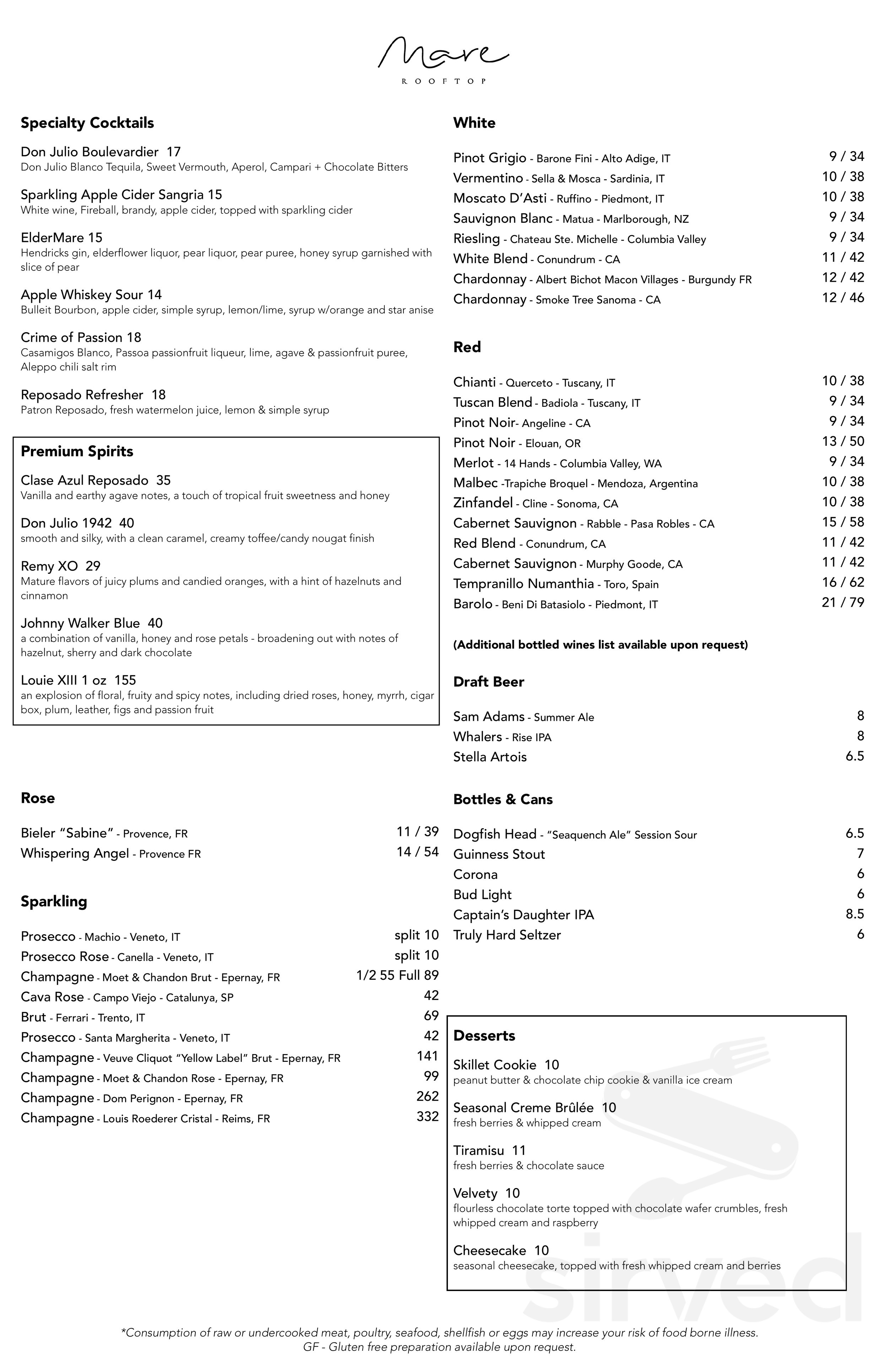 Menu - Providence RI's Mare Rooftop | Sirved
