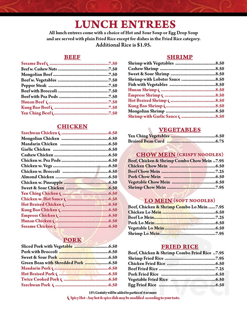 Menu for Yen Ching Chinese Restaurant in Evansville, IN Sirved
