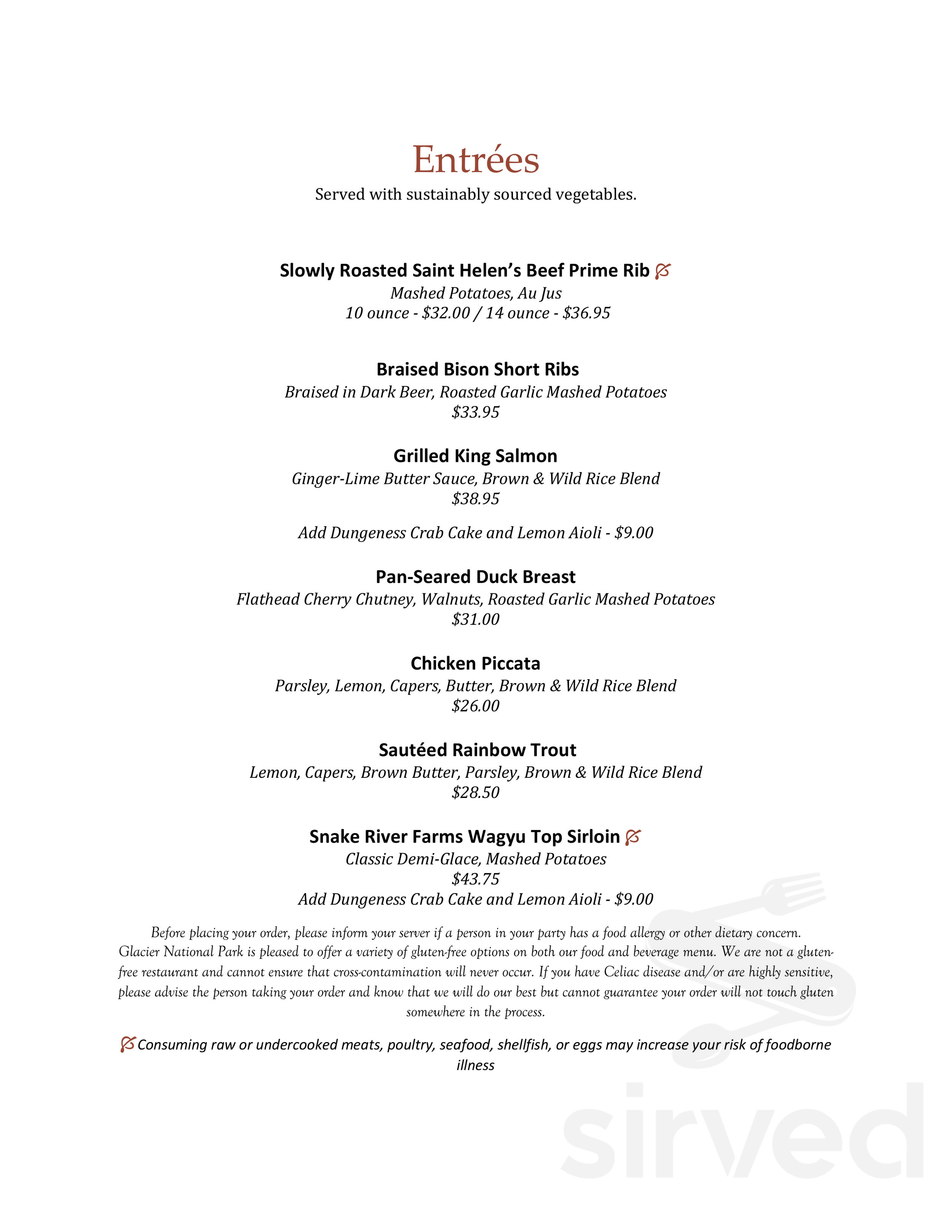 Menu Browning MT's Ptarmigan Dining Hall Sirved