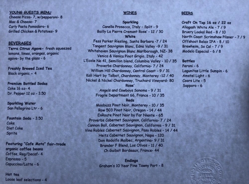 Terra WoodFired Kitchen menu in Yorba Linda, California, USA