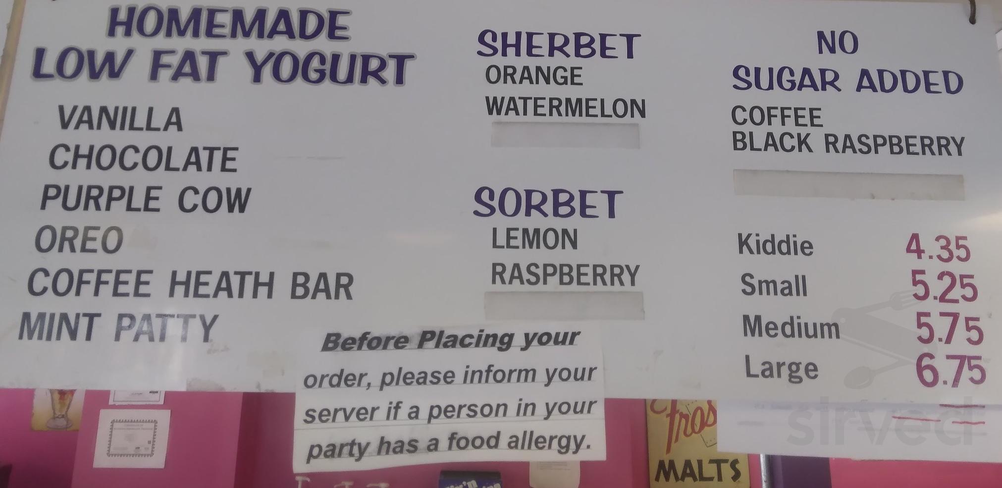 Captain Dusty's Ice Cream menu in Salem, Massachusetts, USA