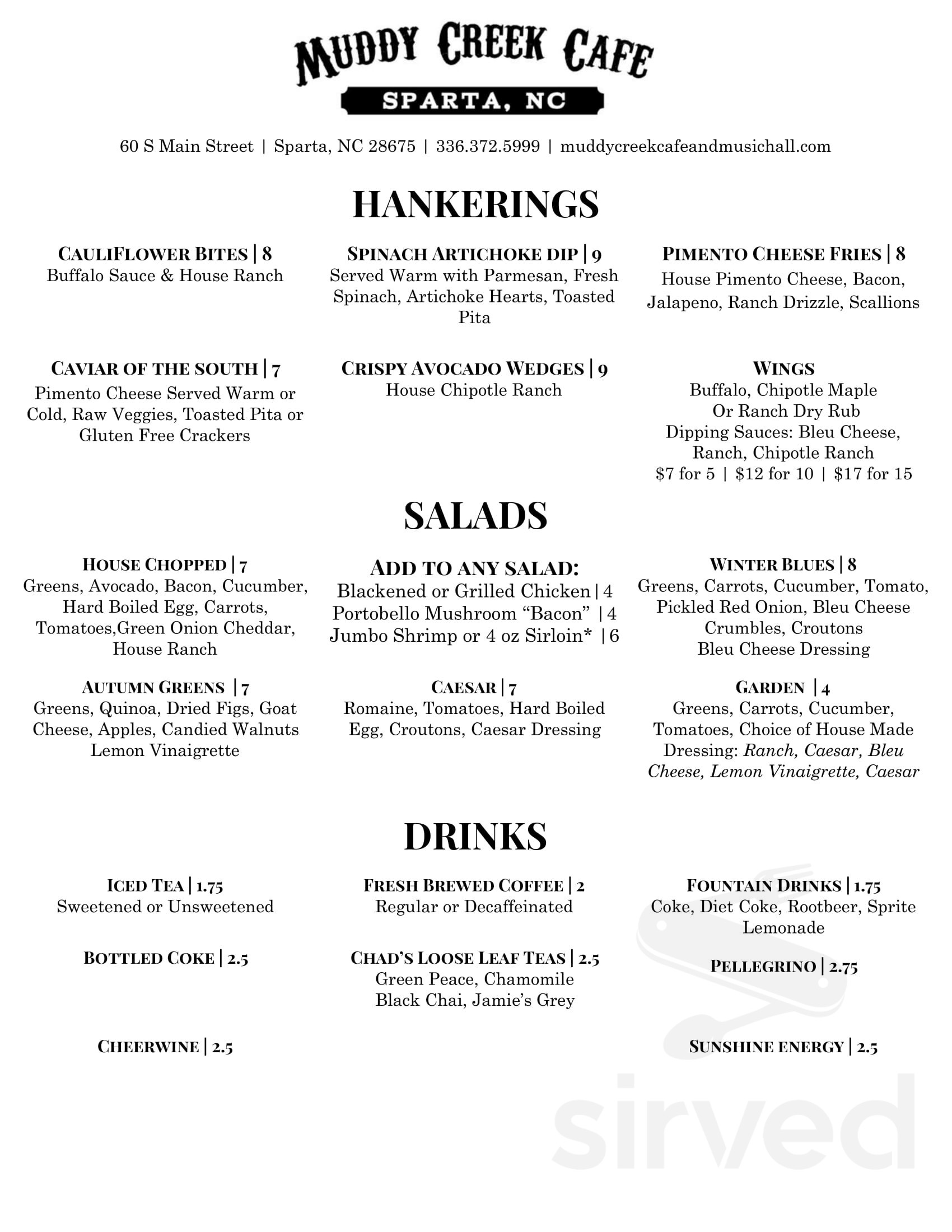 Muddy Creek Cafe & Music Hall Sparta menu in Sparta, North Carolina, USA