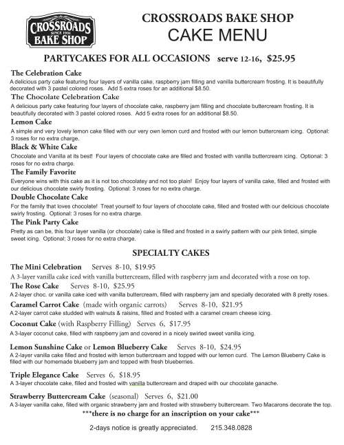 Crossroads Bake Shop menu in Doylestown, Pennsylvania, USA