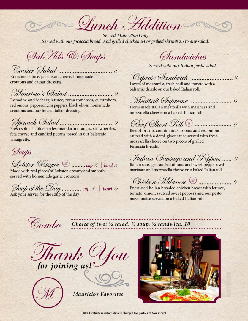 Mauricio's Italian Restaurant menus in Cookeville, Tennessee, United States
