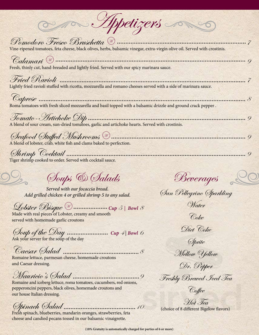 Mauricio's Italian Restaurant menu in Cookeville, Tennessee, USA