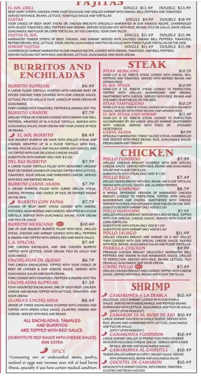 El Sol Méxican Restaurant menus in Pine Bluff, Arkansas, United States