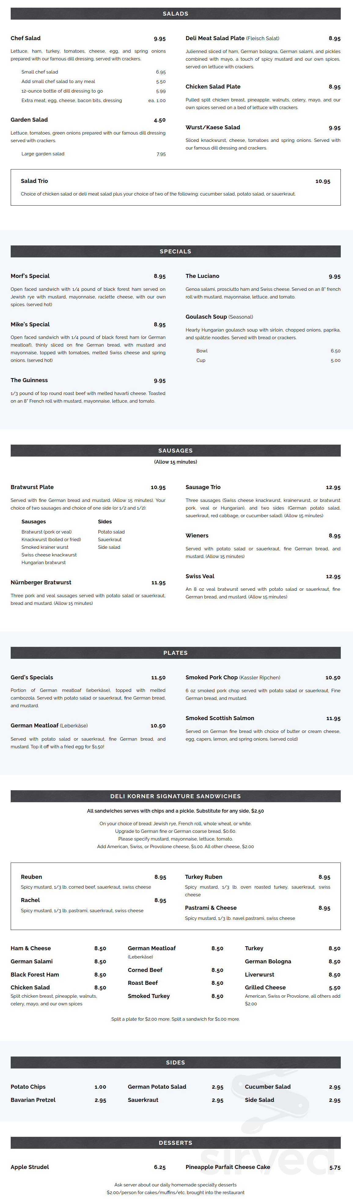 Deli Korner menu in Spartanburg, South Carolina, USA