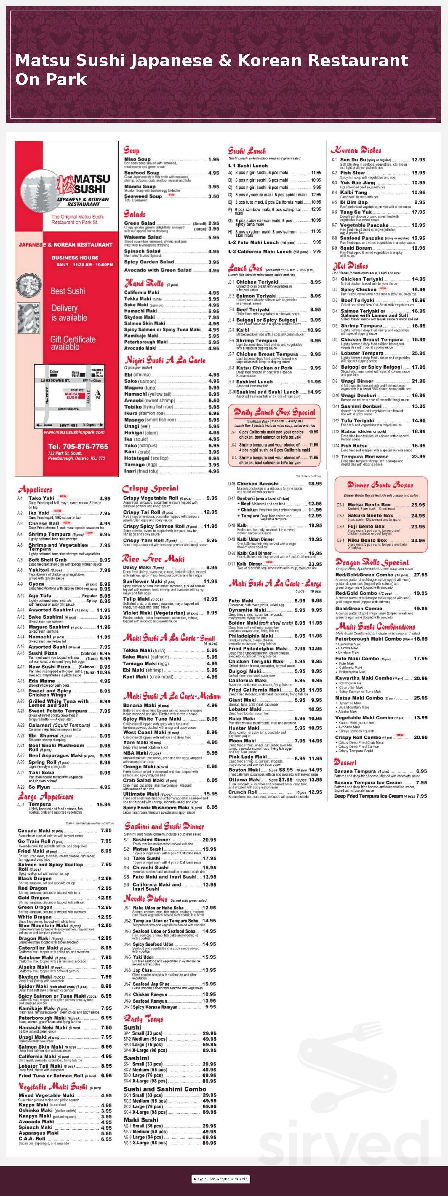 Original Matsu Sushi Japanese and Korean Restaurant menu in Peterborough, Ontario