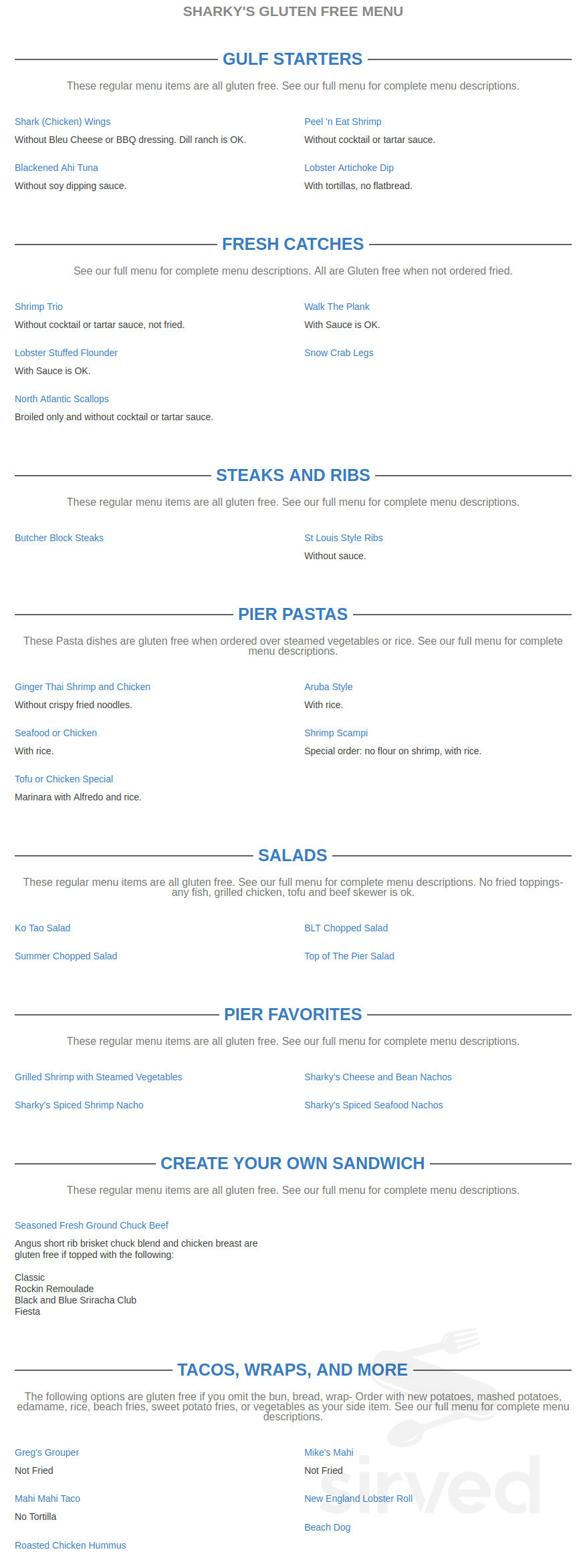 Sharky's On the Pier Menu - Venice, Florida | Sirved