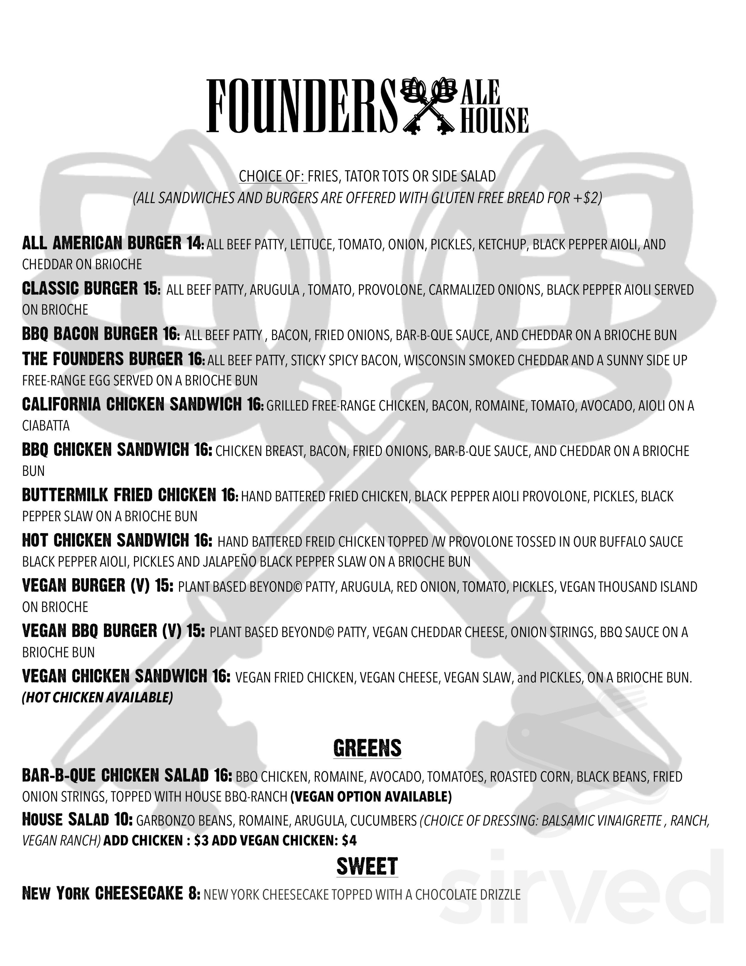 Founders Ale House menu in Los Angeles, California, USA