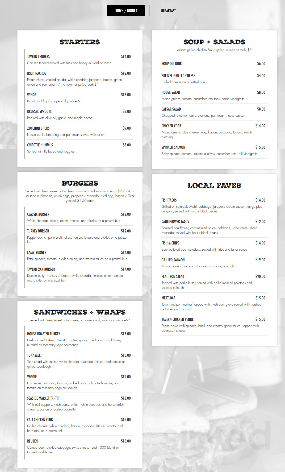 Lumberyard Tavern menu in Encinitas, California, USA