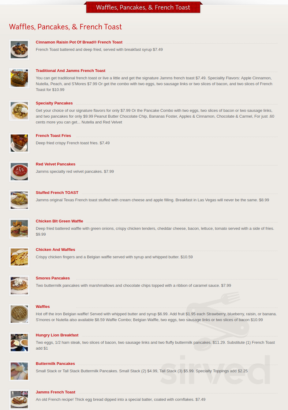 Jamms Restaurant Breakfast and Lunch menu in Las Vegas, Nevada, USA