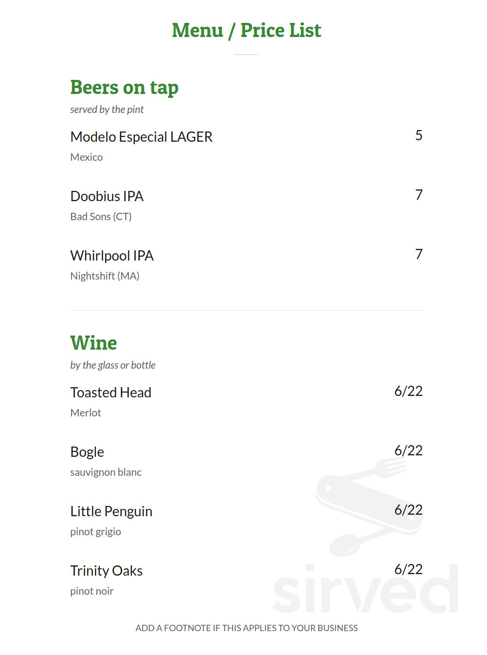 Onion Mountain Kitchen drink menu in Canton, Connecticut