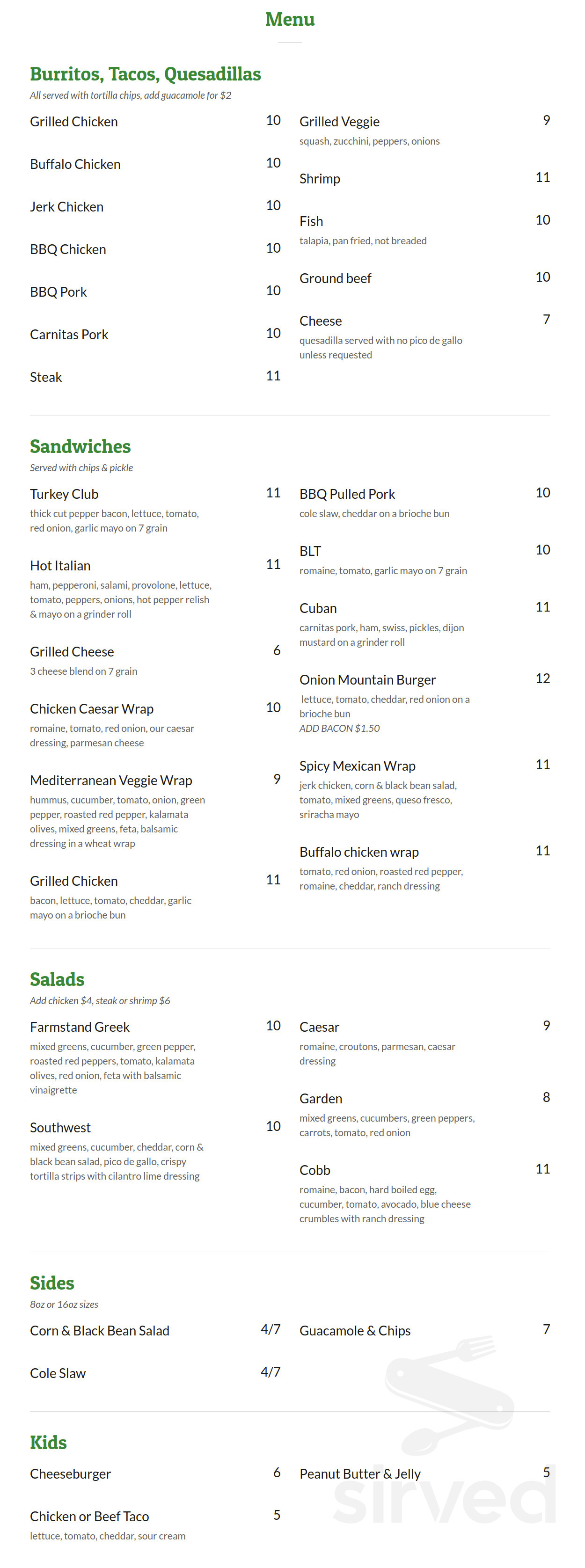 Onion Mountain Kitchen menu in Canton, Connecticut