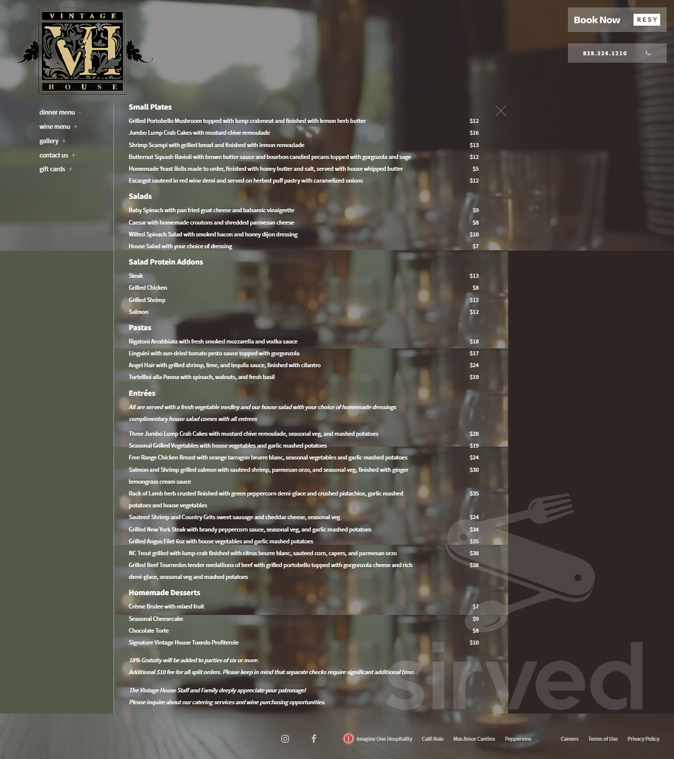 Vintage House Restaurant menu in Hickory, North Carolina, USA