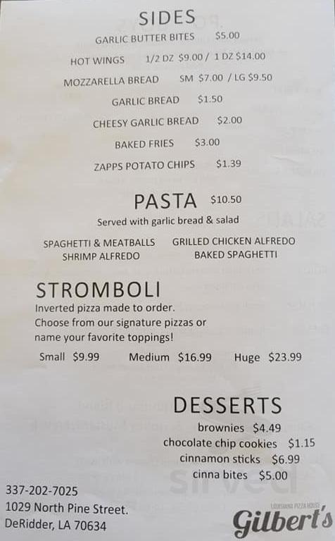 Gilbert's Pizza menu in DeRidder, Louisiana, USA