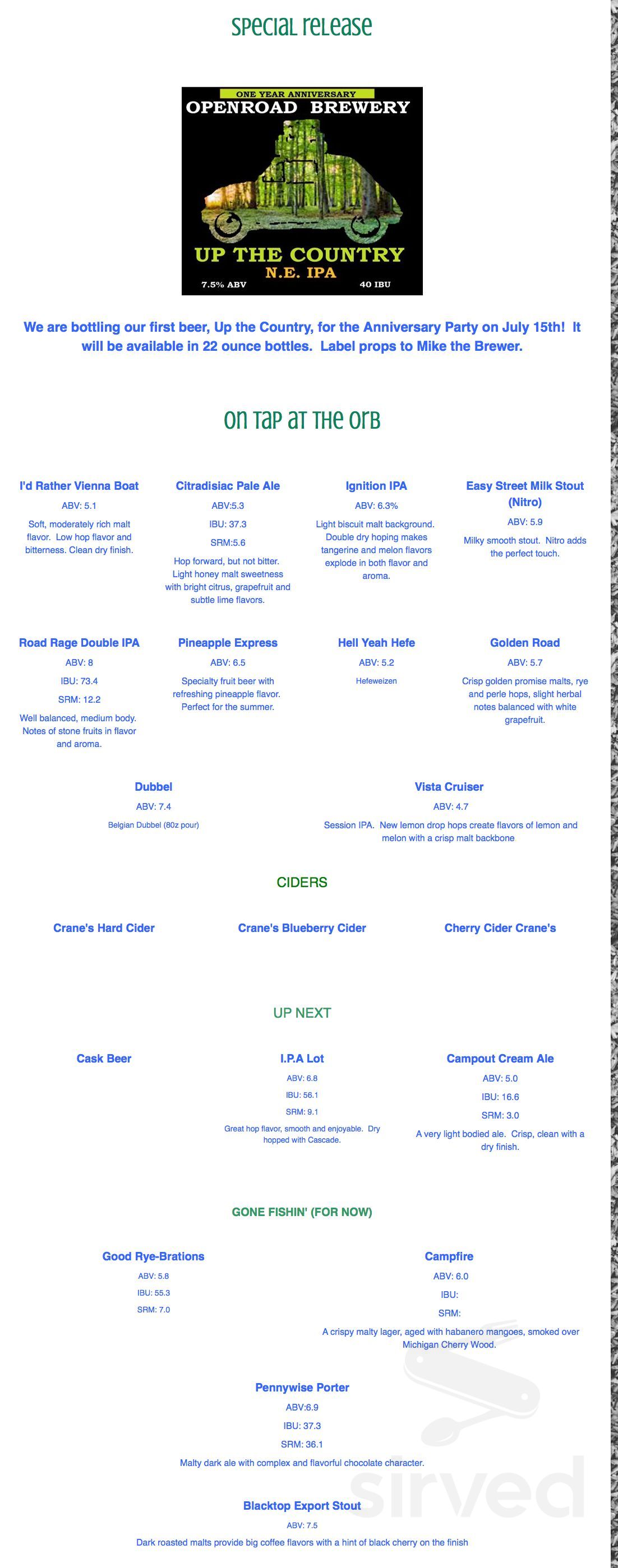 The OpenRoad Brewery drink menu in Wayland, Michigan