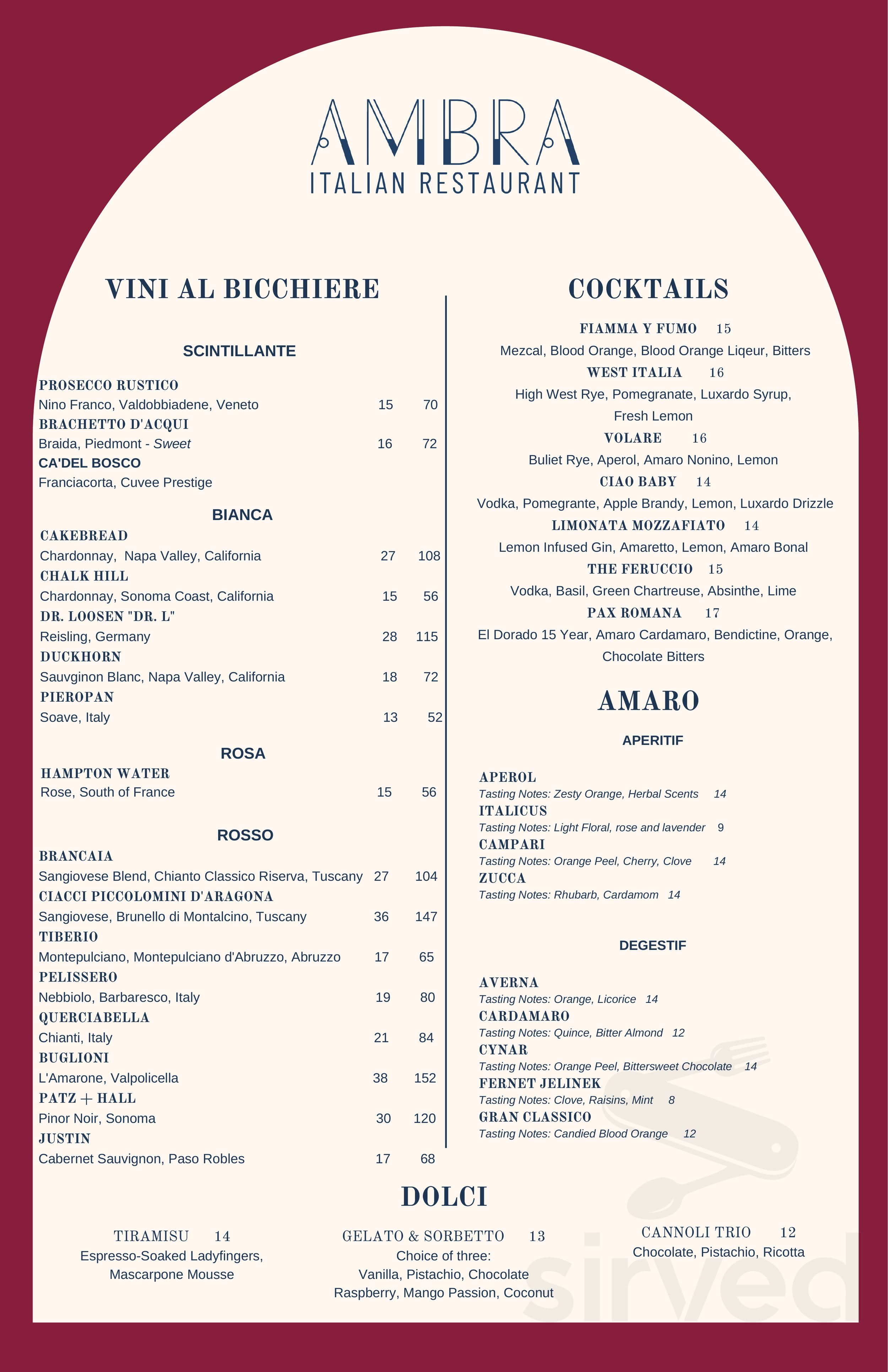 Ambra Italian Restaurant menus in Las Vegas, Nevada, United States