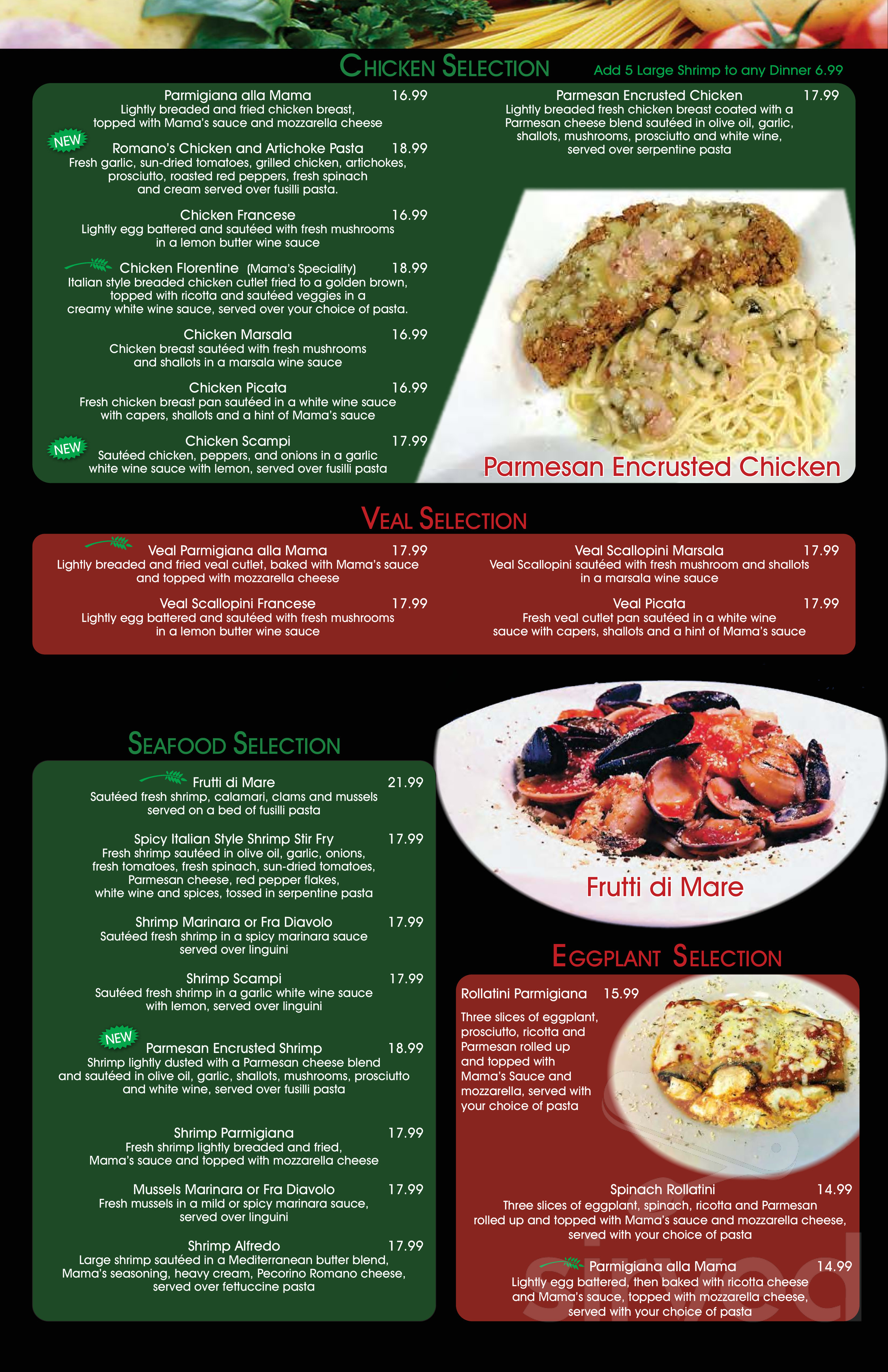 Mama Romano's menu in Orlando, Florida, USA