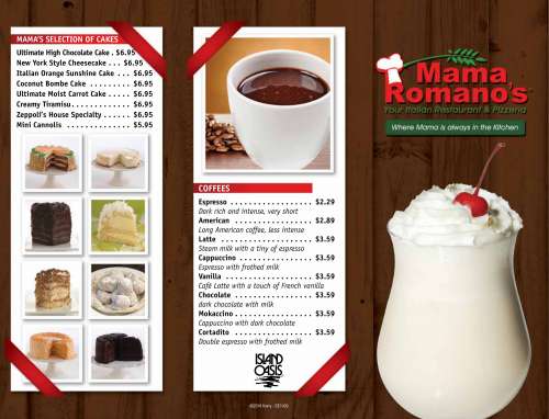 Mama Romano's menu in Orlando, Florida, USA