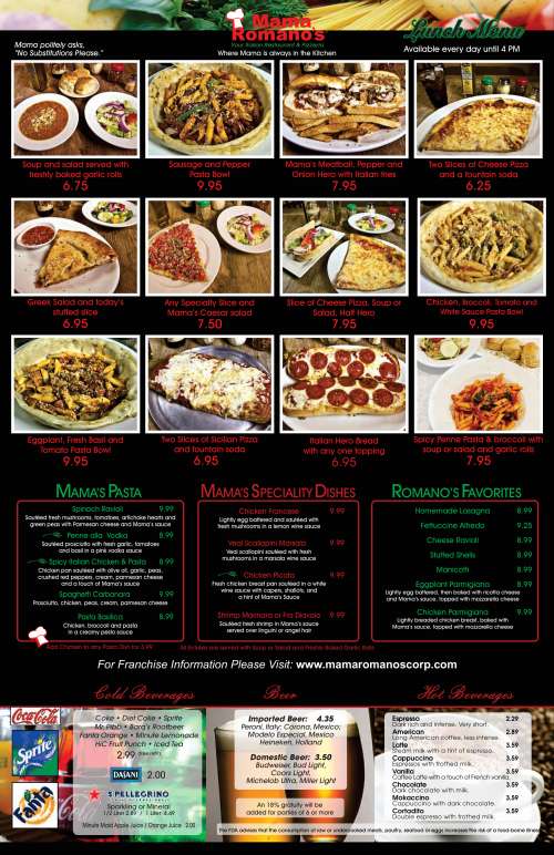 Mama Romano's menu in Orlando, Florida, USA